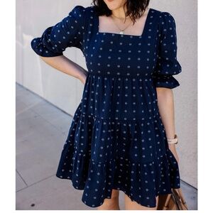 Madewell Navy Tiered Square-Neck Mini Dress with White Motifs